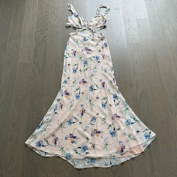 Sau Lee Amelia Maxi Cutout Ruffle Floral Pink Cream Chiffon Dress - US 4 - Picture 2 of 14